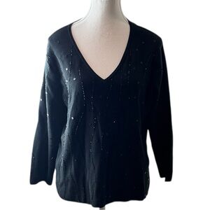 City Silk Black V Neck Sequin Knit Top Women Large Evening Party Stretch Sweater